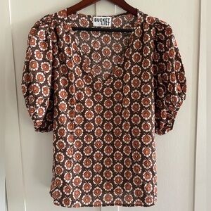 BUCKETLIST Brown and Cream Floral Puff-Sleeve Blouse